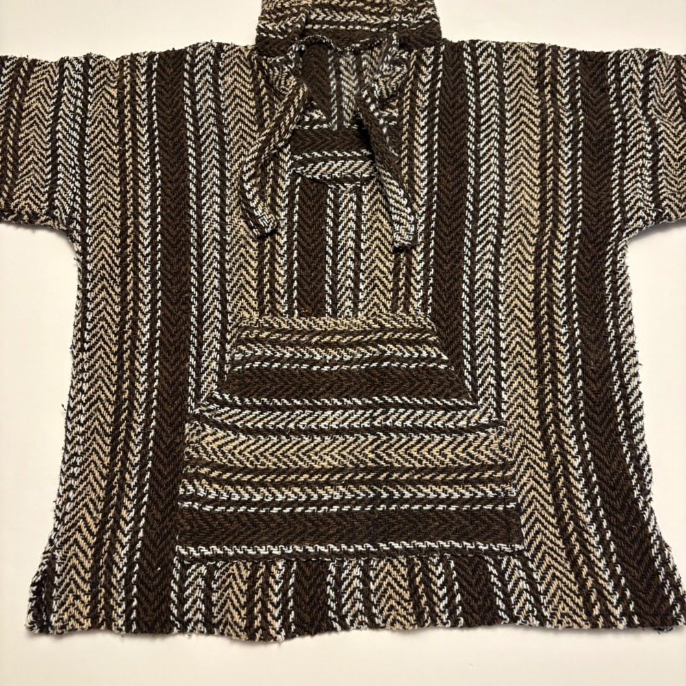Unbranded Baja Hoodie Men Large Brown Tan Striped Woven Jerga Pullover